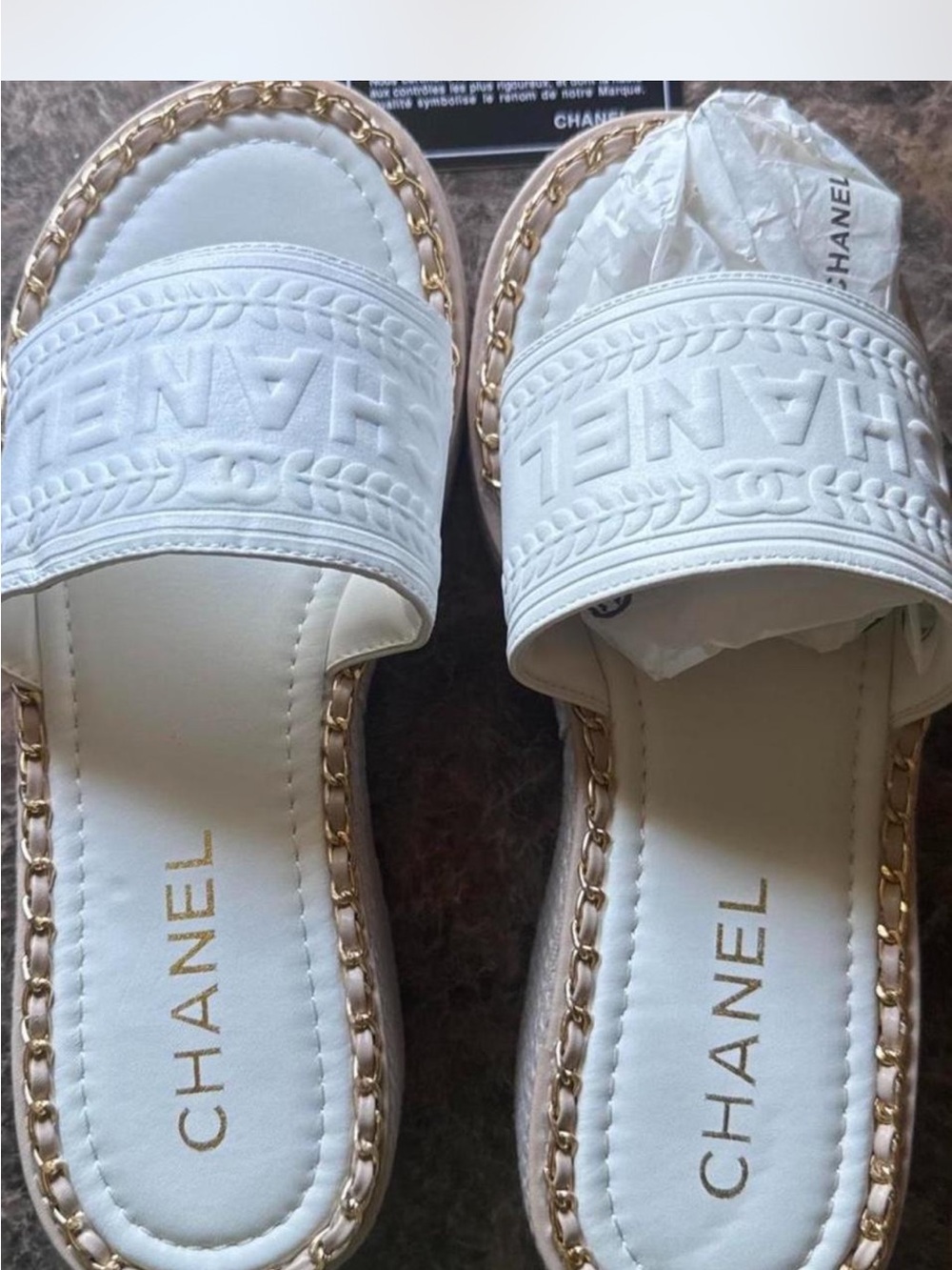 White Logo Slide Sandals with Gold Chain Trim